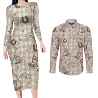 Hawaii Palaka Cowboy Couples Matching Long Sleeve Bodycon Dress and Long Sleeve Button Shirt Shell Maile Lei With Western Patterns DT05 Beige - Polynesian Pride