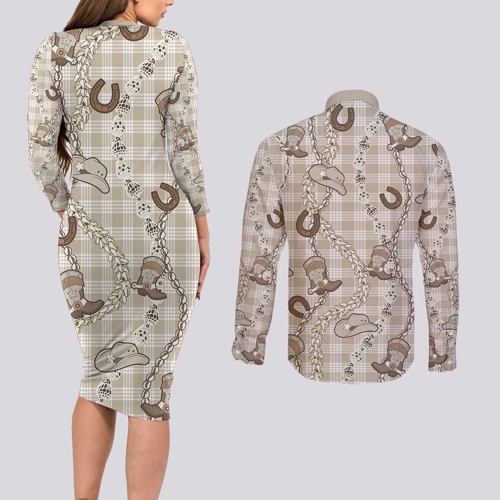 Hawaii Palaka Cowboy Couples Matching Long Sleeve Bodycon Dress and Long Sleeve Button Shirt Shell Maile Lei With Western Patterns DT05 - Polynesian Pride