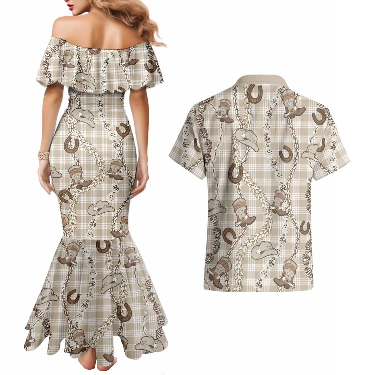 Hawaii Palaka Cowboy Couples Matching Mermaid Dress and Hawaiian Shirt Shell Maile Lei With Western Patterns DT05 - Polynesian Pride