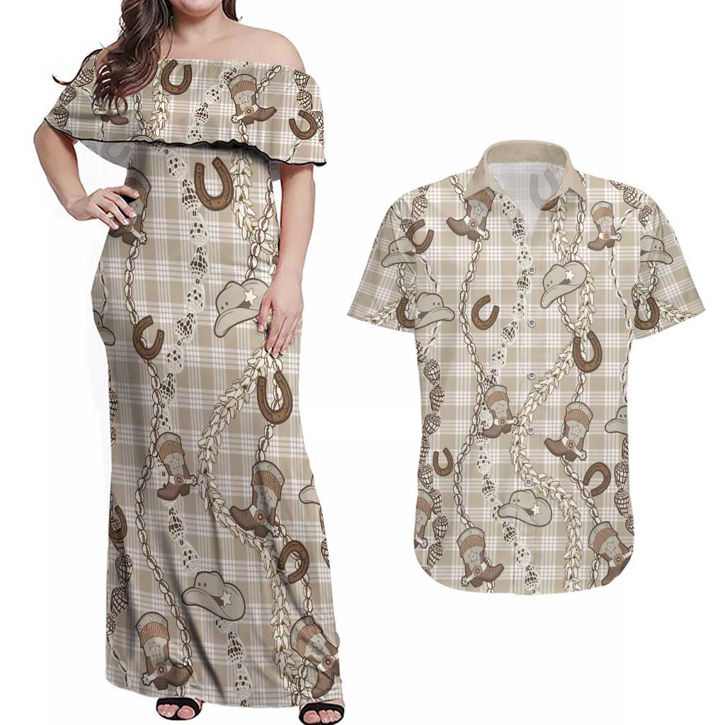 Hawaii Palaka Cowboy Couples Matching Off Shoulder Maxi Dress and Hawaiian Shirt Shell Maile Lei With Western Patterns - Polynesian Pride