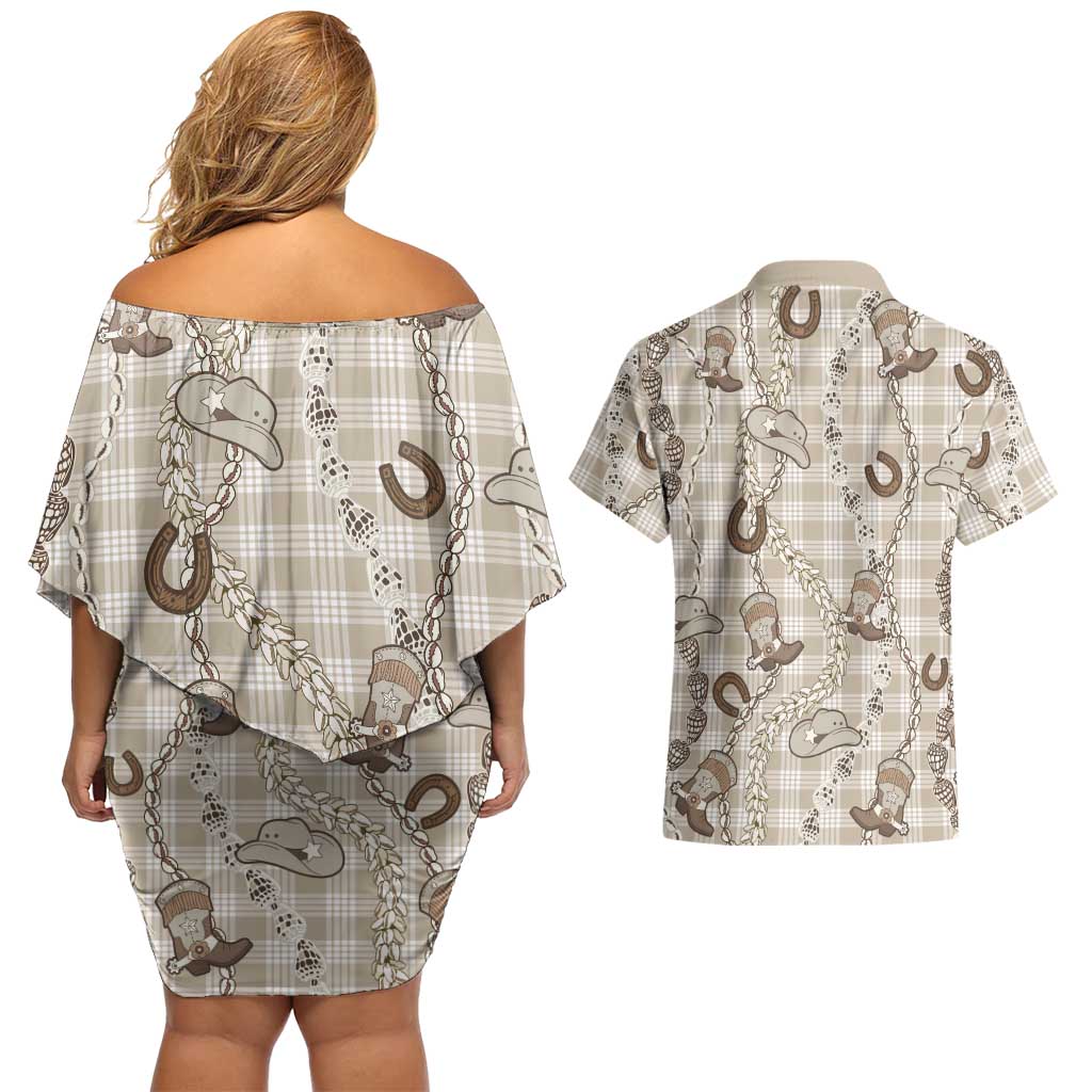 Hawaii Palaka Cowboy Couples Matching Off Shoulder Short Dress and Hawaiian Shirt Shell Maile Lei With Western Patterns - Polynesian Pride