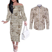 Hawaii Palaka Cowboy Couples Matching Off The Shoulder Long Sleeve Dress and Long Sleeve Button Shirt Shell Maile Lei With Western Patterns - Polynesian Pride
