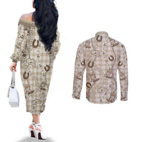 Hawaii Palaka Cowboy Couples Matching Off The Shoulder Long Sleeve Dress and Long Sleeve Button Shirt Shell Maile Lei With Western Patterns - Polynesian Pride