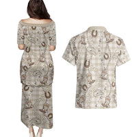 Hawaii Palaka Cowboy Couples Matching Puletasi and Hawaiian Shirt Shell Maile Lei With Western Patterns - Polynesian Pride