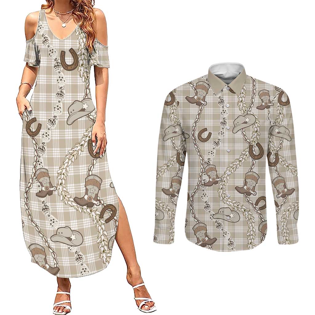 Hawaii Palaka Cowboy Couples Matching Summer Maxi Dress and Long Sleeve Button Shirt Shell Maile Lei With Western Patterns - Polynesian Pride