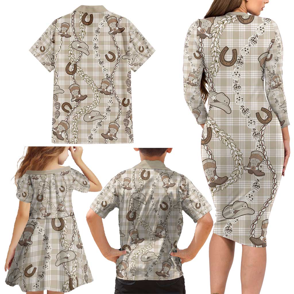 Hawaii Palaka Cowboy Family Matching Long Sleeve Bodycon Dress and Hawaiian Shirt Shell Maile Lei With Western Patterns - Polynesian Pride