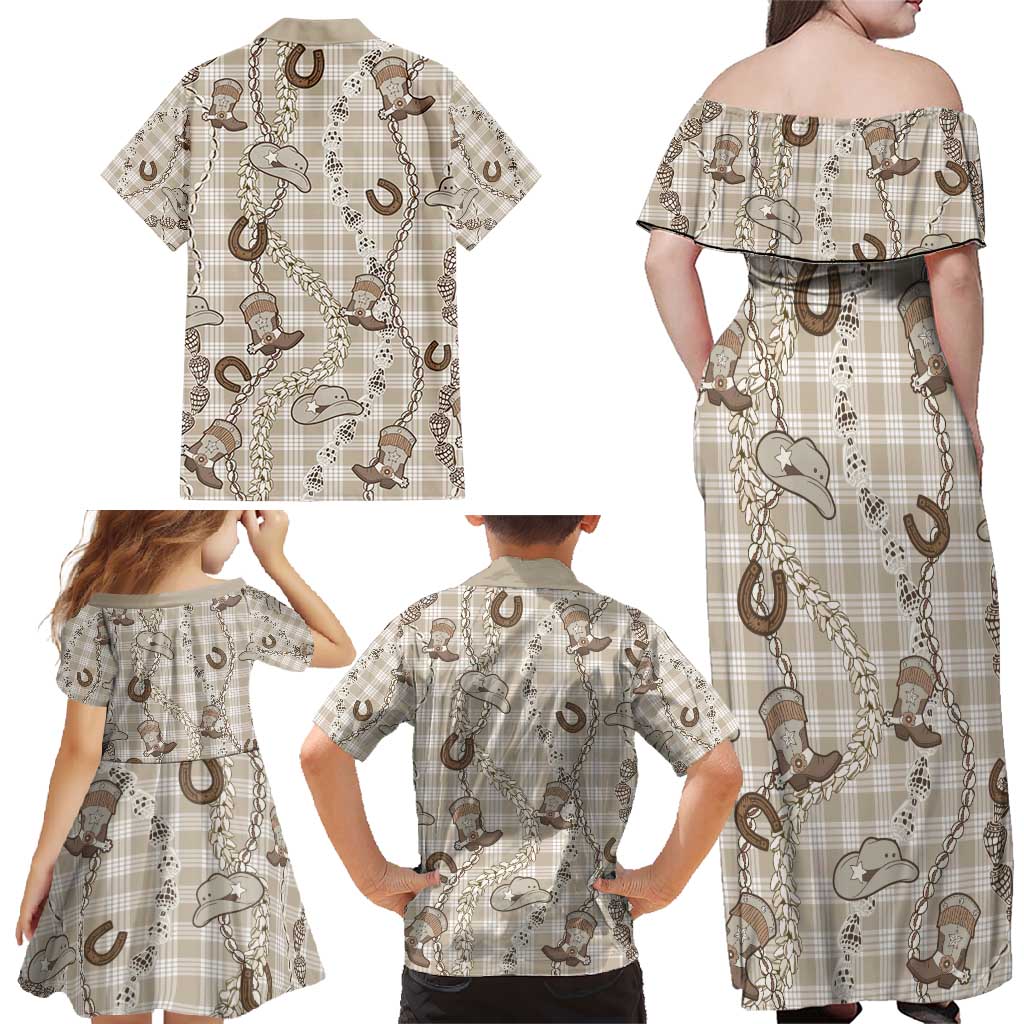 Hawaii Palaka Cowboy Family Matching Off Shoulder Maxi Dress and Hawaiian Shirt Shell Maile Lei With Western Patterns - Polynesian Pride