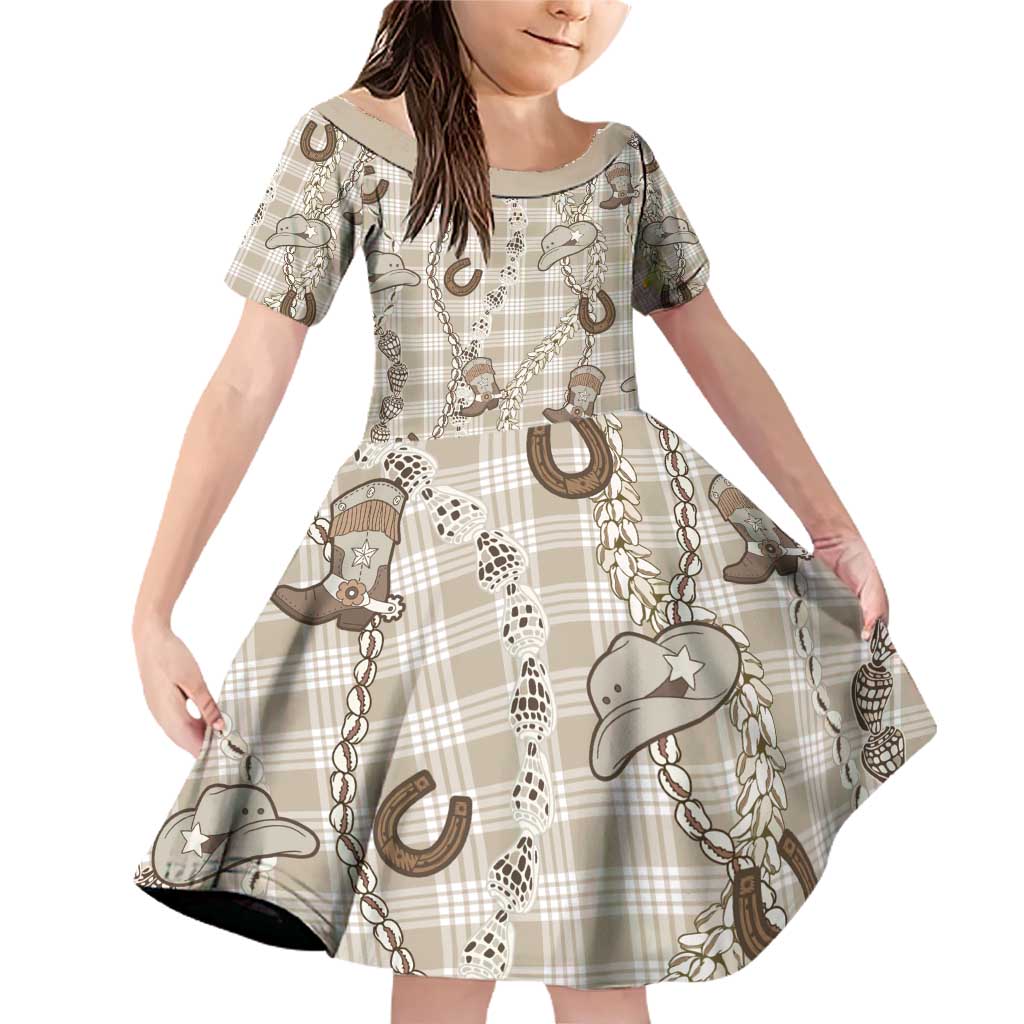 Hawaii Palaka Cowboy Family Matching Off Shoulder Short Dress and Hawaiian Shirt Shell Maile Lei With Western Patterns - Polynesian Pride