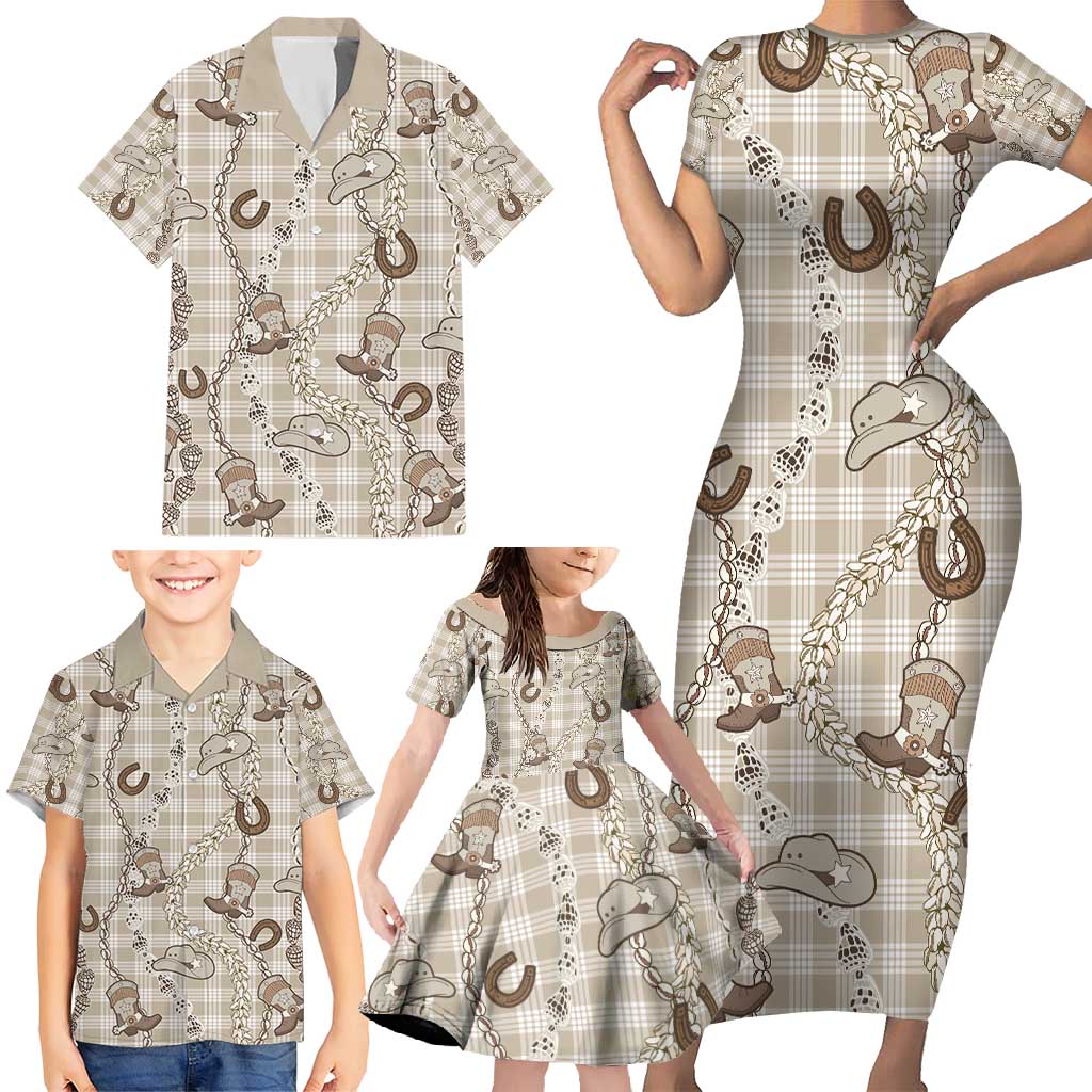 Hawaii Palaka Cowboy Family Matching Short Sleeve Bodycon Dress and Hawaiian Shirt Shell Maile Lei With Western Patterns - Polynesian Pride