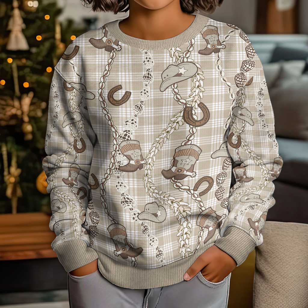 Hawaii Palaka Cowboy Kid Ugly Christmas Sweater Shell Maile Lei With Western Patterns - Polynesian Pride