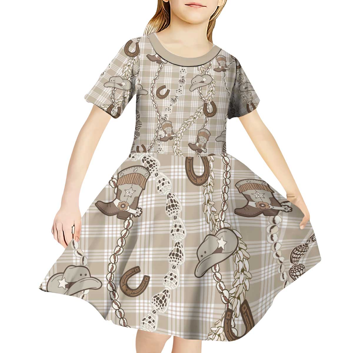 Hawaii Palaka Cowboy Kid Short Sleeve Dress Shell Maile Lei With Western Patterns - Polynesian Pride