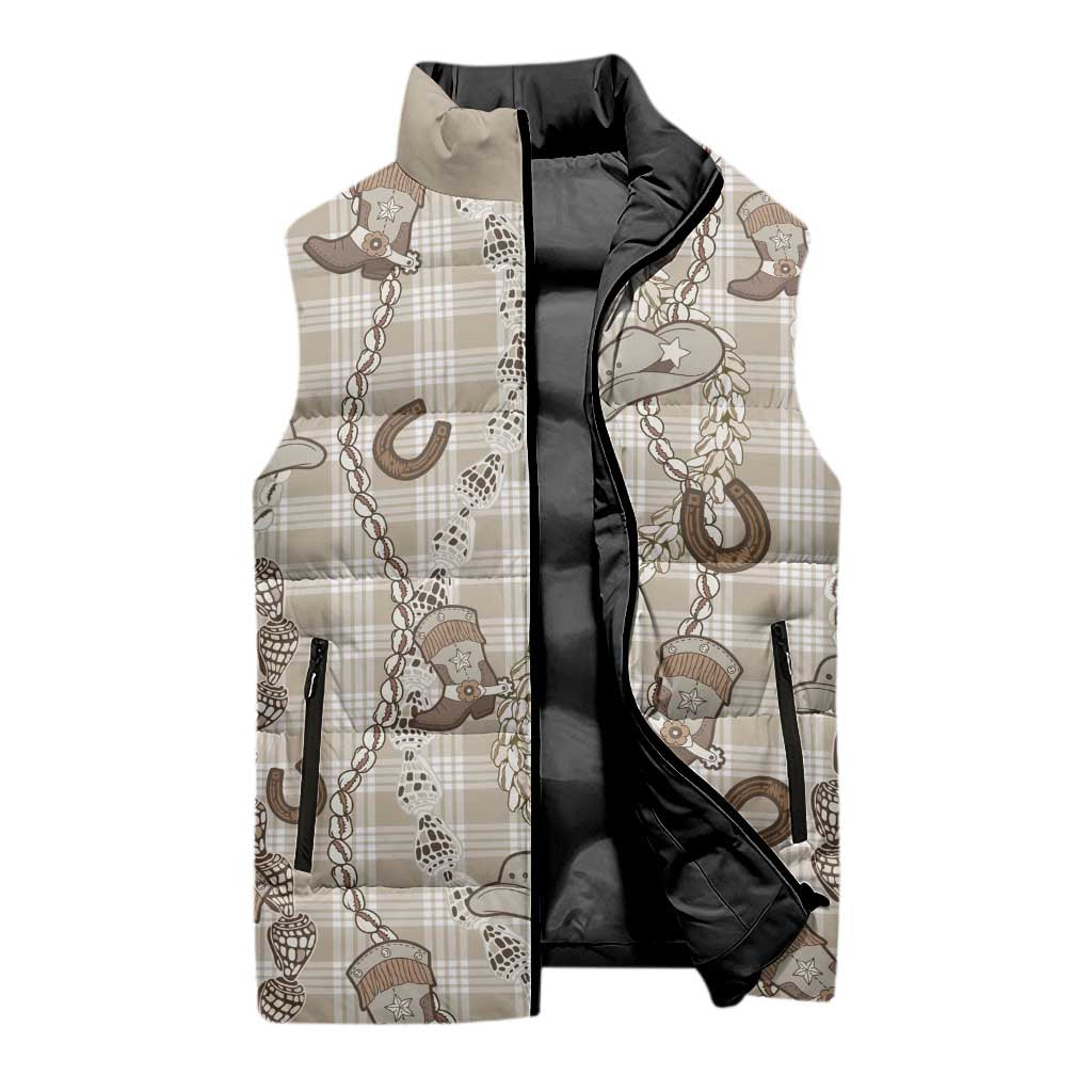 Hawaii Palaka Cowboy Sleeveless Puffer Jacket Shell Maile Lei With Western Patterns - Polynesian Pride