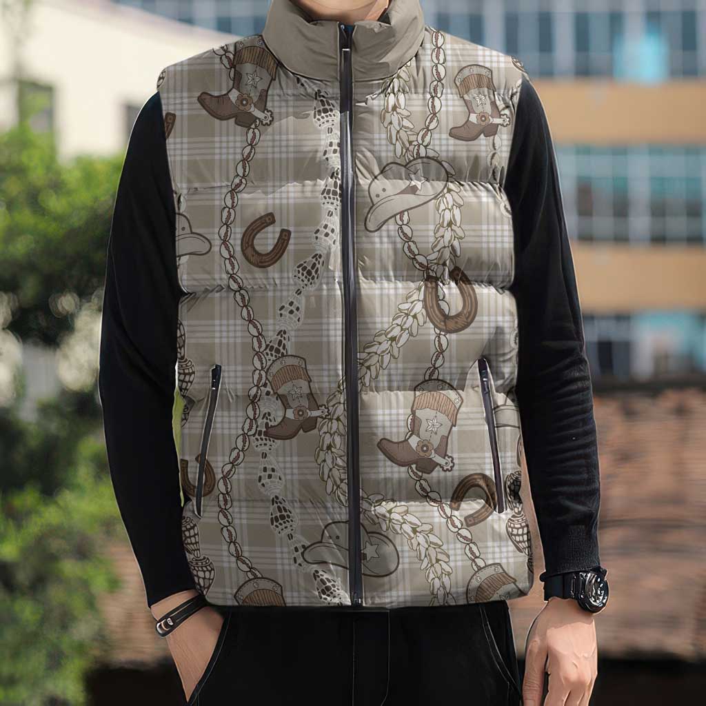 Hawaii Palaka Cowboy Sleeveless Puffer Jacket Shell Maile Lei With Western Patterns - Polynesian Pride