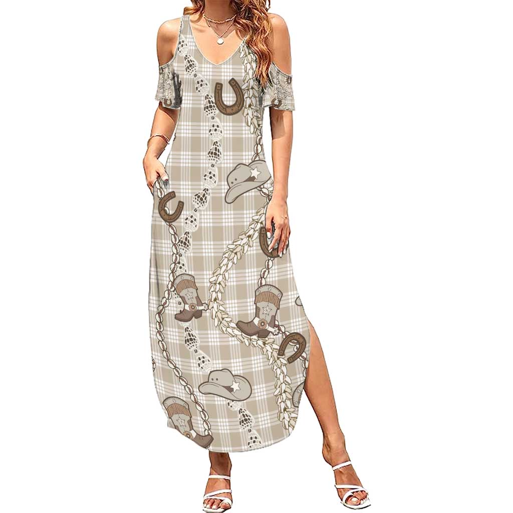 Hawaii Palaka Cowboy Summer Maxi Dress Shell Maile Lei With Western Patterns - Polynesian Pride