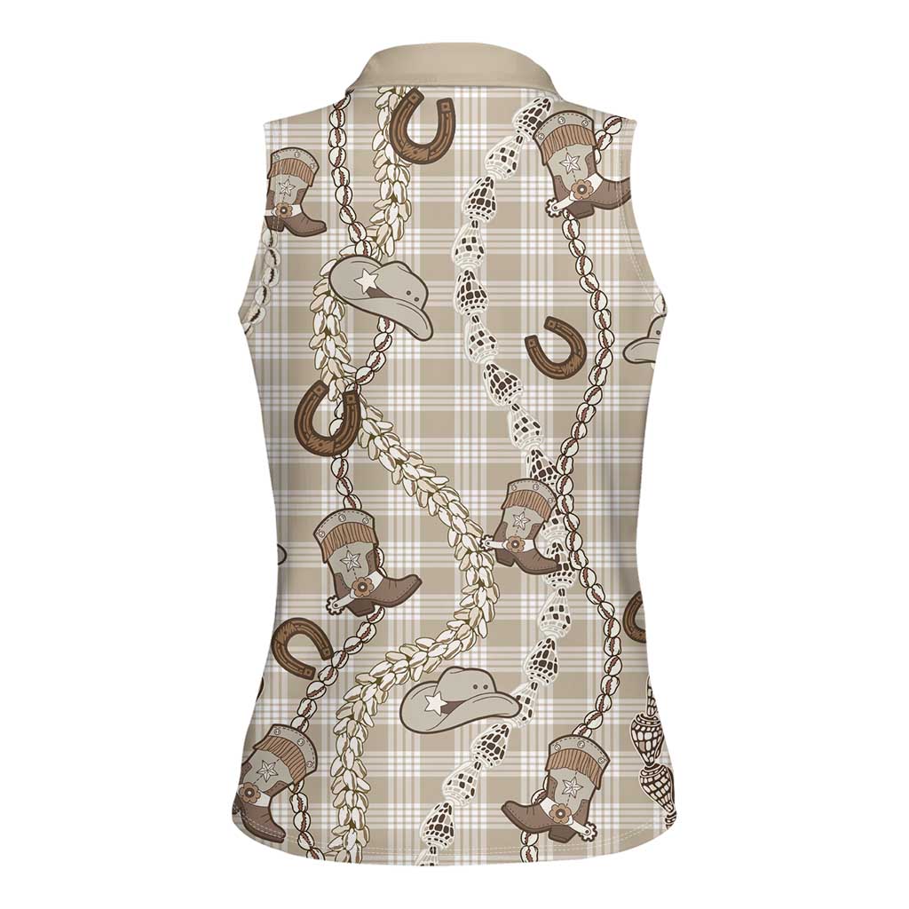 Hawaii Palaka Cowboy Women Sleeveless Polo Shirt Shell Maile Lei With Western Patterns - Polynesian Pride