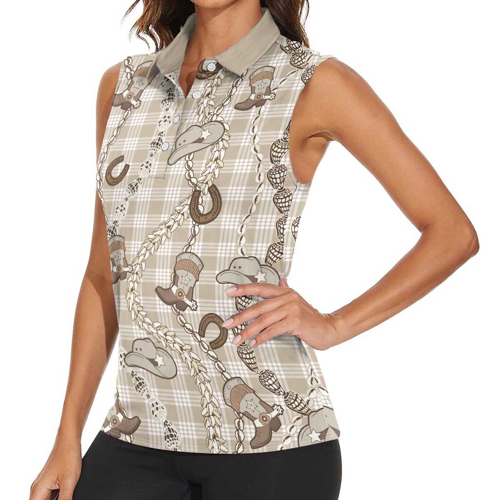 Hawaii Palaka Cowboy Women Sleeveless Polo Shirt Shell Maile Lei With Western Patterns - Polynesian Pride