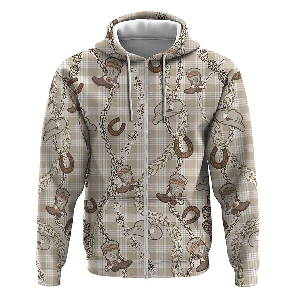 Hawaii Palaka Cowboy Zip Hoodie Shell Maile Lei With Western Patterns - Polynesian Pride