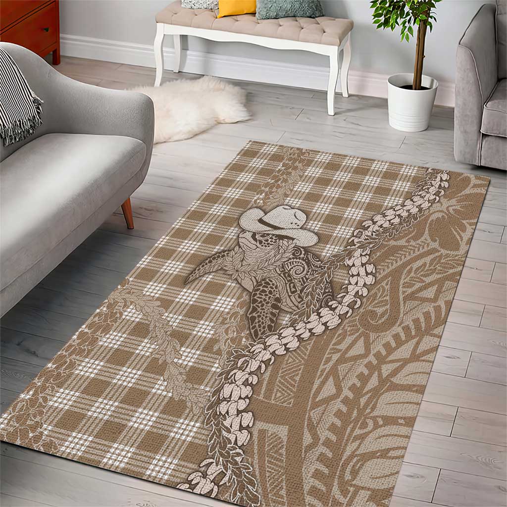 Beige Hawaii Palaka Cowboy Turtle Area Rug Hawaiian Paniolo Puakenikeni Maile Lei - Polynesian Pride