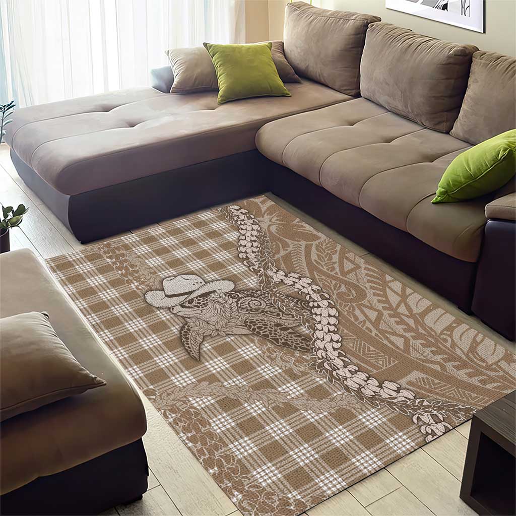 Beige Hawaii Palaka Cowboy Turtle Area Rug Hawaiian Paniolo Puakenikeni Maile Lei - Polynesian Pride
