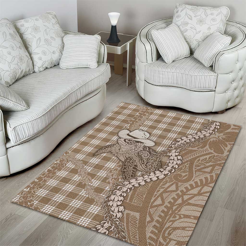 Beige Hawaii Palaka Cowboy Turtle Area Rug Hawaiian Paniolo Puakenikeni Maile Lei - Polynesian Pride