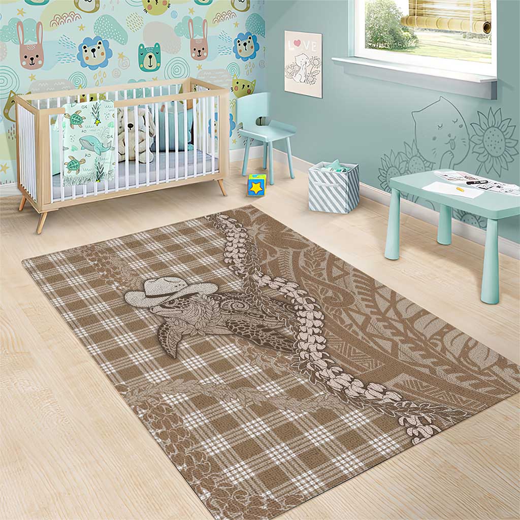 Beige Hawaii Palaka Cowboy Turtle Area Rug Hawaiian Paniolo Puakenikeni Maile Lei - Polynesian Pride