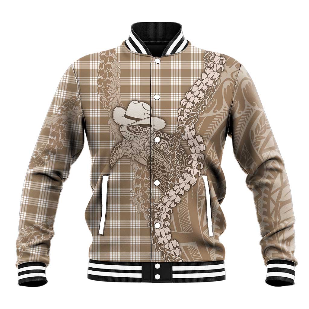 Beige Hawaii Palaka Cowboy Turtle Baseball Jacket Hawaiian Paniolo Puakenikeni Maile Lei DT05 Unisex Beige - Polynesian Pride