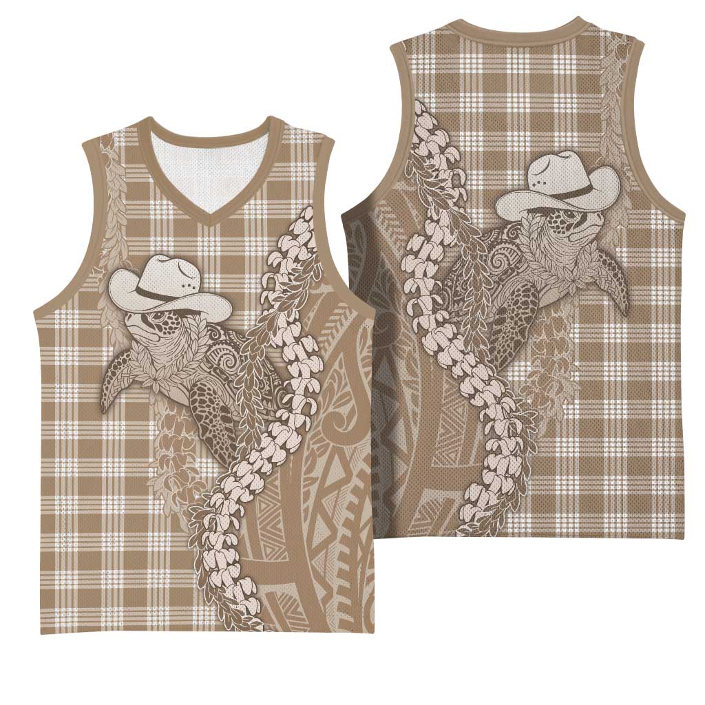 Beige Hawaii Palaka Cowboy Turtle Basketball Jersey Hawaiian Paniolo Puakenikeni Maile Lei - Polynesian Pride