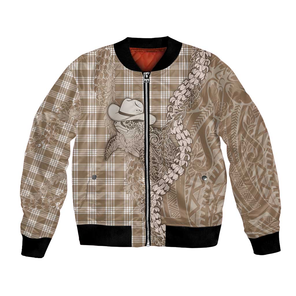 Beige Hawaii Palaka Cowboy Turtle Bomber Jacket Hawaiian Paniolo Puakenikeni Maile Lei DT05 Unisex Beige - Polynesian Pride