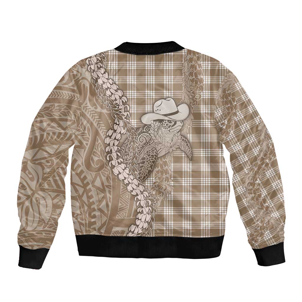 Beige Hawaii Palaka Cowboy Turtle Bomber Jacket Hawaiian Paniolo Puakenikeni Maile Lei DT05 - Polynesian Pride