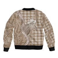 Beige Hawaii Palaka Cowboy Turtle Bomber Jacket Hawaiian Paniolo Puakenikeni Maile Lei DT05 - Polynesian Pride