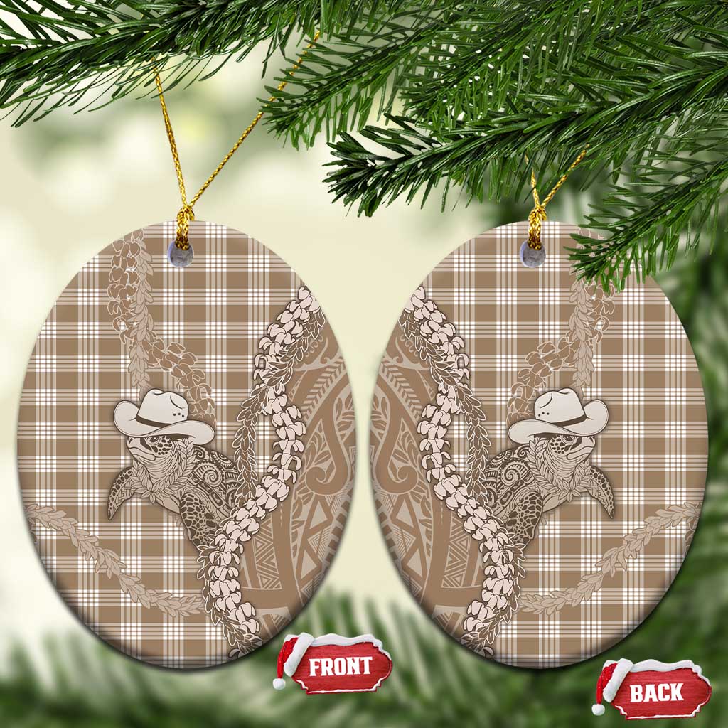 Beige Hawaii Palaka Cowboy Turtle Ceramic Ornament Hawaiian Paniolo Puakenikeni Maile Lei - Polynesian Pride