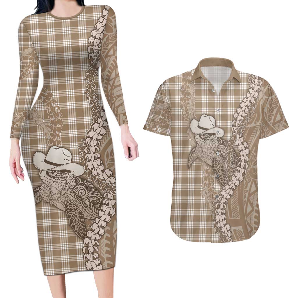 Beige Hawaii Palaka Cowboy Turtle Couples Matching Long Sleeve Bodycon Dress and Hawaiian Shirt Hawaiian Paniolo Puakenikeni Maile Lei DT05 Beige - Polynesian Pride