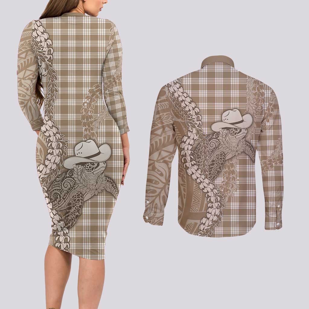 Beige Hawaii Palaka Cowboy Turtle Couples Matching Long Sleeve Bodycon Dress and Long Sleeve Button Shirt Hawaiian Paniolo Puakenikeni Maile Lei - Polynesian Pride