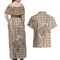 Beige Hawaii Palaka Cowboy Turtle Couples Matching Off Shoulder Maxi Dress and Hawaiian Shirt Hawaiian Paniolo Puakenikeni Maile Lei - Polynesian Pride