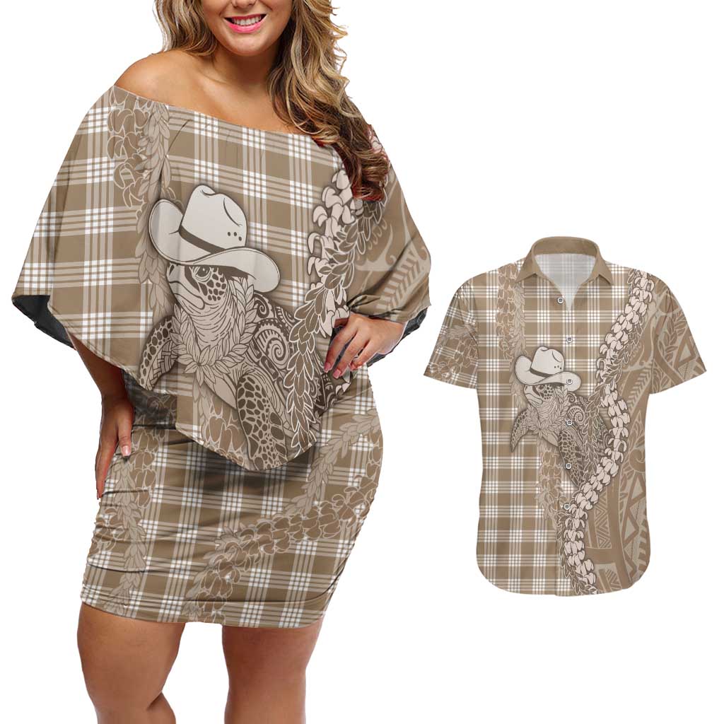 Beige Hawaii Palaka Cowboy Turtle Couples Matching Off Shoulder Short Dress and Hawaiian Shirt Hawaiian Paniolo Puakenikeni Maile Lei - Polynesian Pride