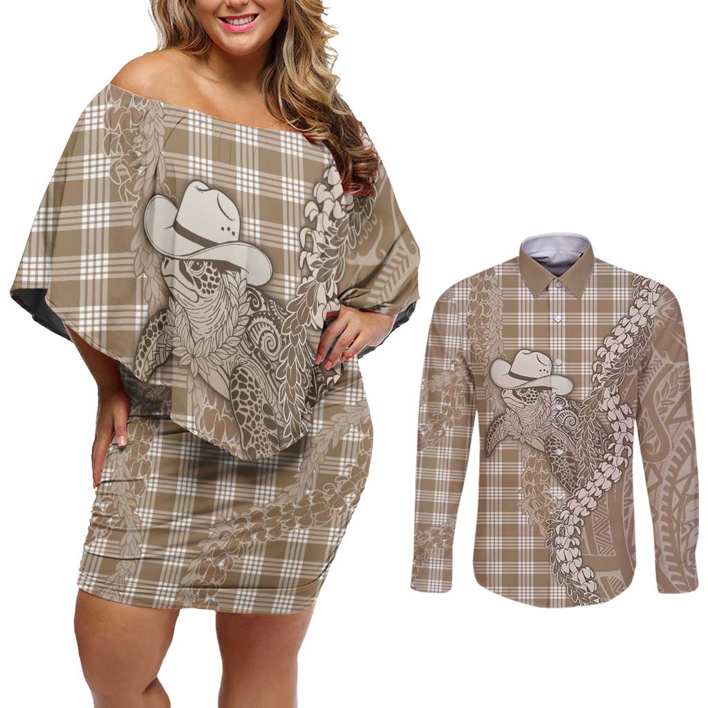 Beige Hawaii Palaka Cowboy Turtle Couples Matching Off Shoulder Short Dress and Long Sleeve Button Shirt Hawaiian Paniolo Puakenikeni Maile Lei - Polynesian Pride