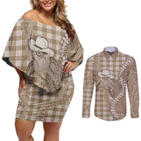 Beige Hawaii Palaka Cowboy Turtle Couples Matching Off Shoulder Short Dress and Long Sleeve Button Shirt Hawaiian Paniolo Puakenikeni Maile Lei - Polynesian Pride