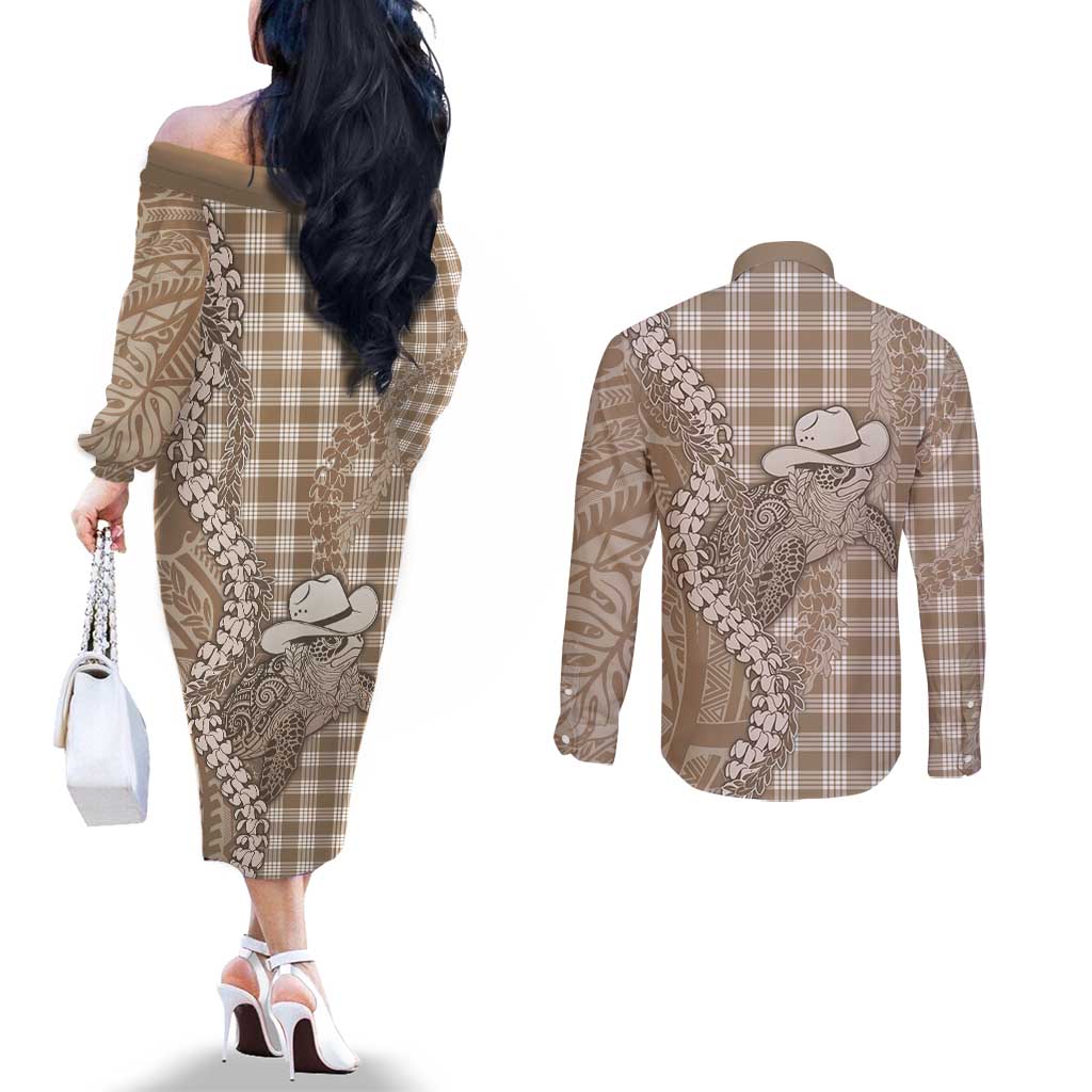 Beige Hawaii Palaka Cowboy Turtle Couples Matching Off The Shoulder Long Sleeve Dress and Long Sleeve Button Shirt Hawaiian Paniolo Puakenikeni Maile Lei - Polynesian Pride
