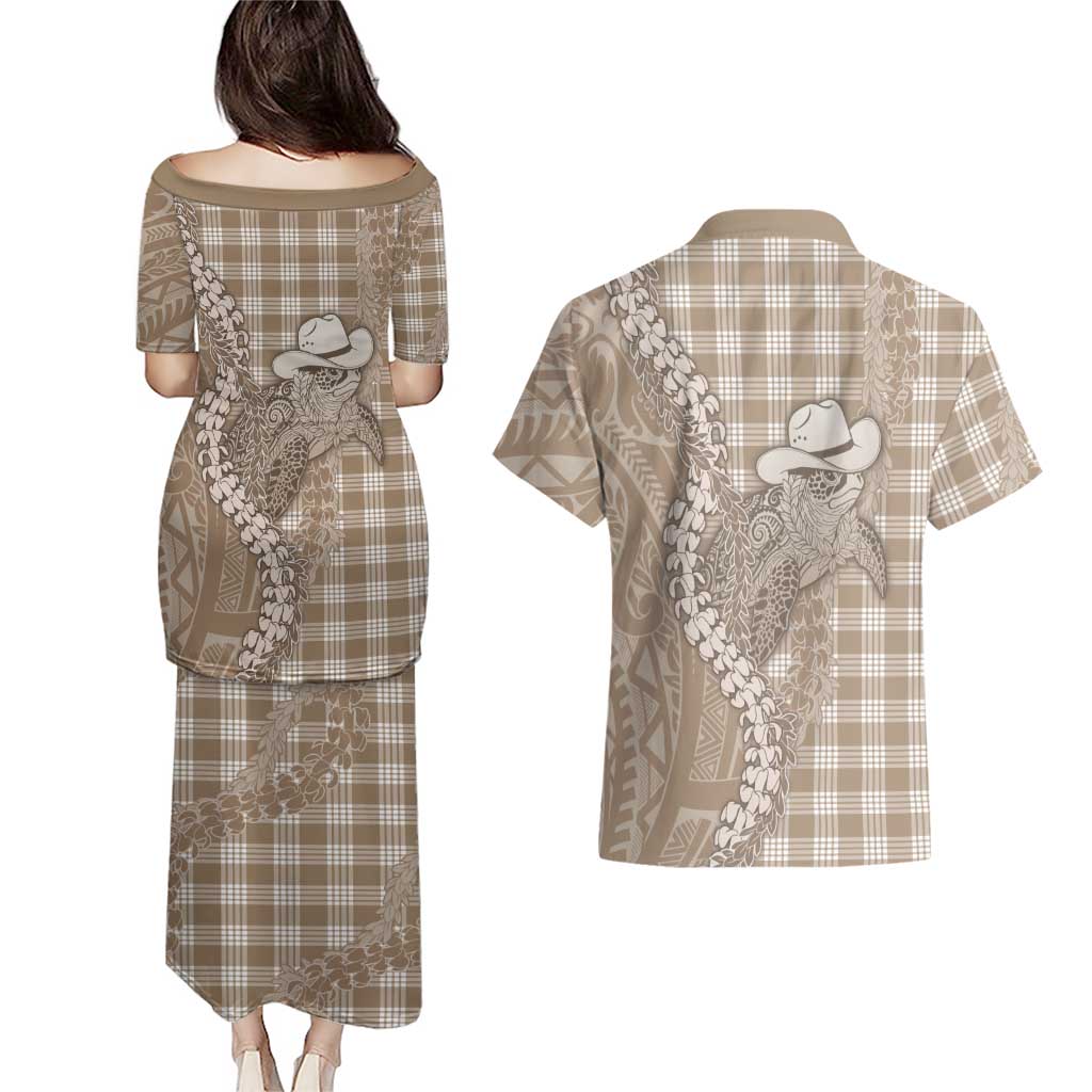 Beige Hawaii Palaka Cowboy Turtle Couples Matching Puletasi and Hawaiian Shirt Hawaiian Paniolo Puakenikeni Maile Lei - Polynesian Pride