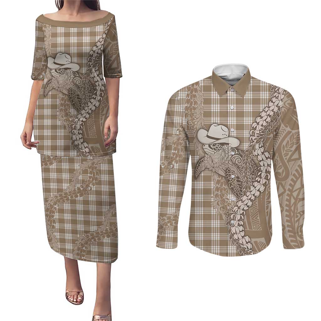 Beige Hawaii Palaka Cowboy Turtle Couples Matching Puletasi and Long Sleeve Button Shirt Hawaiian Paniolo Puakenikeni Maile Lei - Polynesian Pride