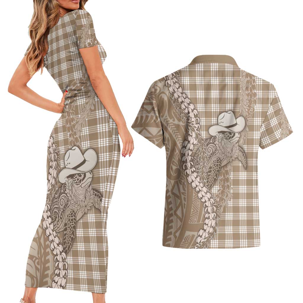 Beige Hawaii Palaka Cowboy Turtle Couples Matching Short Sleeve Bodycon Dress and Hawaiian Shirt Hawaiian Paniolo Puakenikeni Maile Lei - Polynesian Pride