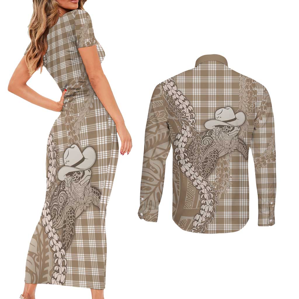 Beige Hawaii Palaka Cowboy Turtle Couples Matching Short Sleeve Bodycon Dress and Long Sleeve Button Shirt Hawaiian Paniolo Puakenikeni Maile Lei - Polynesian Pride