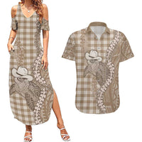 Beige Hawaii Palaka Cowboy Turtle Couples Matching Summer Maxi Dress and Hawaiian Shirt Hawaiian Paniolo Puakenikeni Maile Lei - Polynesian Pride