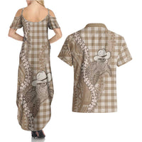 Beige Hawaii Palaka Cowboy Turtle Couples Matching Summer Maxi Dress and Hawaiian Shirt Hawaiian Paniolo Puakenikeni Maile Lei - Polynesian Pride
