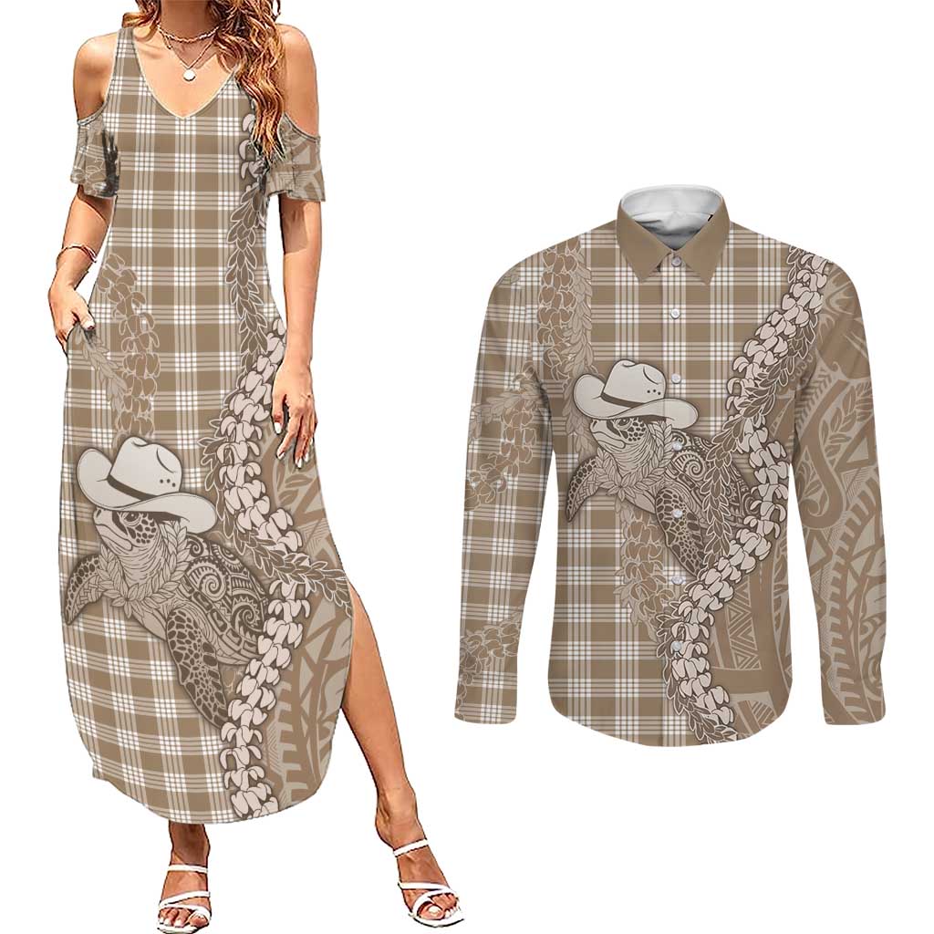 Beige Hawaii Palaka Cowboy Turtle Couples Matching Summer Maxi Dress and Long Sleeve Button Shirt Hawaiian Paniolo Puakenikeni Maile Lei - Polynesian Pride