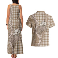 Beige Hawaii Palaka Cowboy Turtle Couples Matching Tank Maxi Dress and Hawaiian Shirt Hawaiian Paniolo Puakenikeni Maile Lei - Polynesian Pride