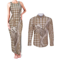 Beige Hawaii Palaka Cowboy Turtle Couples Matching Tank Maxi Dress and Long Sleeve Button Shirt Hawaiian Paniolo Puakenikeni Maile Lei DT05 Beige - Polynesian Pride