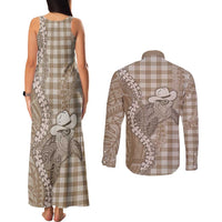 Beige Hawaii Palaka Cowboy Turtle Couples Matching Tank Maxi Dress and Long Sleeve Button Shirt Hawaiian Paniolo Puakenikeni Maile Lei DT05 - Polynesian Pride