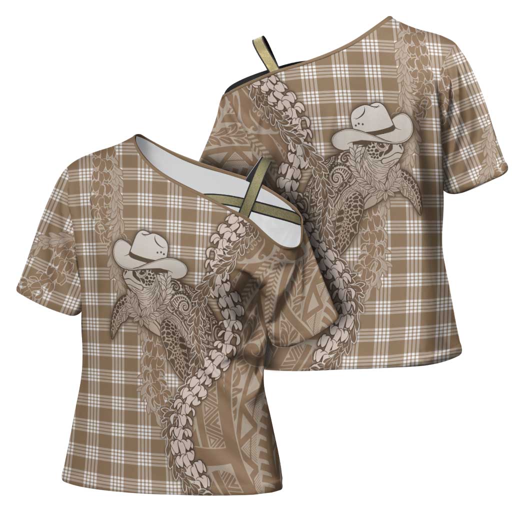 Beige Hawaii Palaka Cowboy Turtle Cross Shoulder Shirt Hawaiian Paniolo Puakenikeni Maile Lei - Polynesian Pride