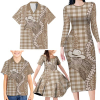 Beige Hawaii Palaka Cowboy Turtle Family Matching Long Sleeve Bodycon Dress and Hawaiian Shirt Hawaiian Paniolo Puakenikeni Maile Lei - Polynesian Pride